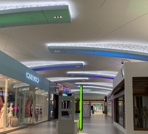 Miracle Mile Shops Interior LED Digital Display Screens on Ceiling