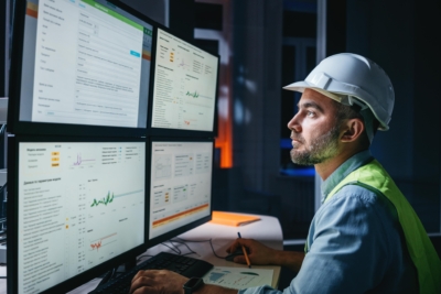Man operator control process on product line uses industry 4.0 and digital technology on modern factory. Engineer follow assembly process uses SCADA system