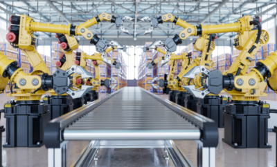 Robot arm grippers for industry in factory.3D rendering